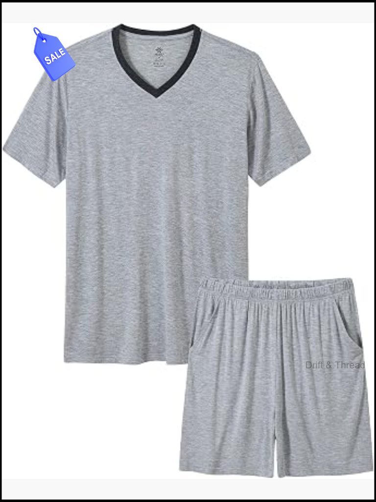 Mens 2-Piece Pajama Set Short Sleeve V-Neck Lounge Sleepwear Lightweight Rayon